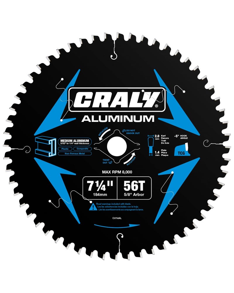 CRALY 7-1/4 Inch 56 Teeth Aluminum and Non-Ferrous Metal Cutting Circular Saw Blade, 5/8 Inch Arbor, Carbide Tipped, Thin Kerf, Black Ice™ Coating, for Medium Aluminum, Plastic, Composite(C0756AL) - Image 1